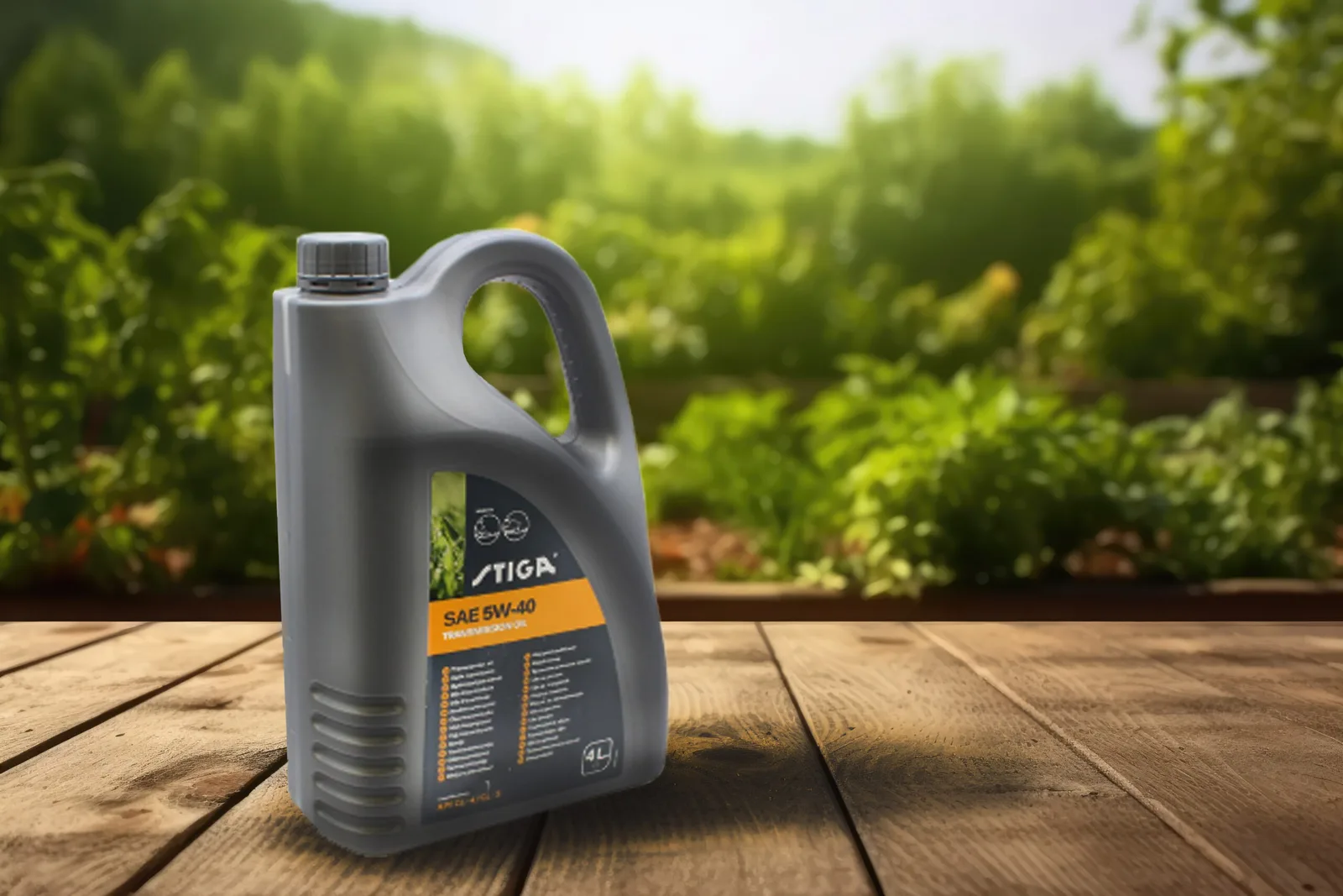 Kanister STIGA Hydrostat-Öl SAE 5W-40 auf einem Holztisch im Garten Kanister STIGA Hydrostat-Öl SAE 5W-40 auf einem Holztisch im Garten