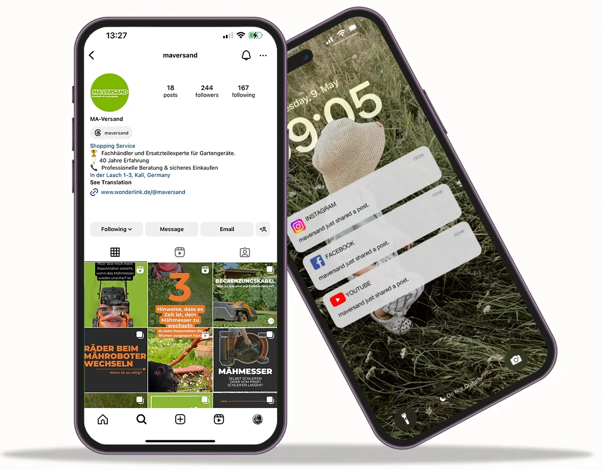 Smartphones mit dem Instagram-Profil von MA-Versand und Social-Media-Benachrichtigungen Smartphones mit dem Instagram-Profil von MA-Versand und Social-Media-Benachrichtigungen