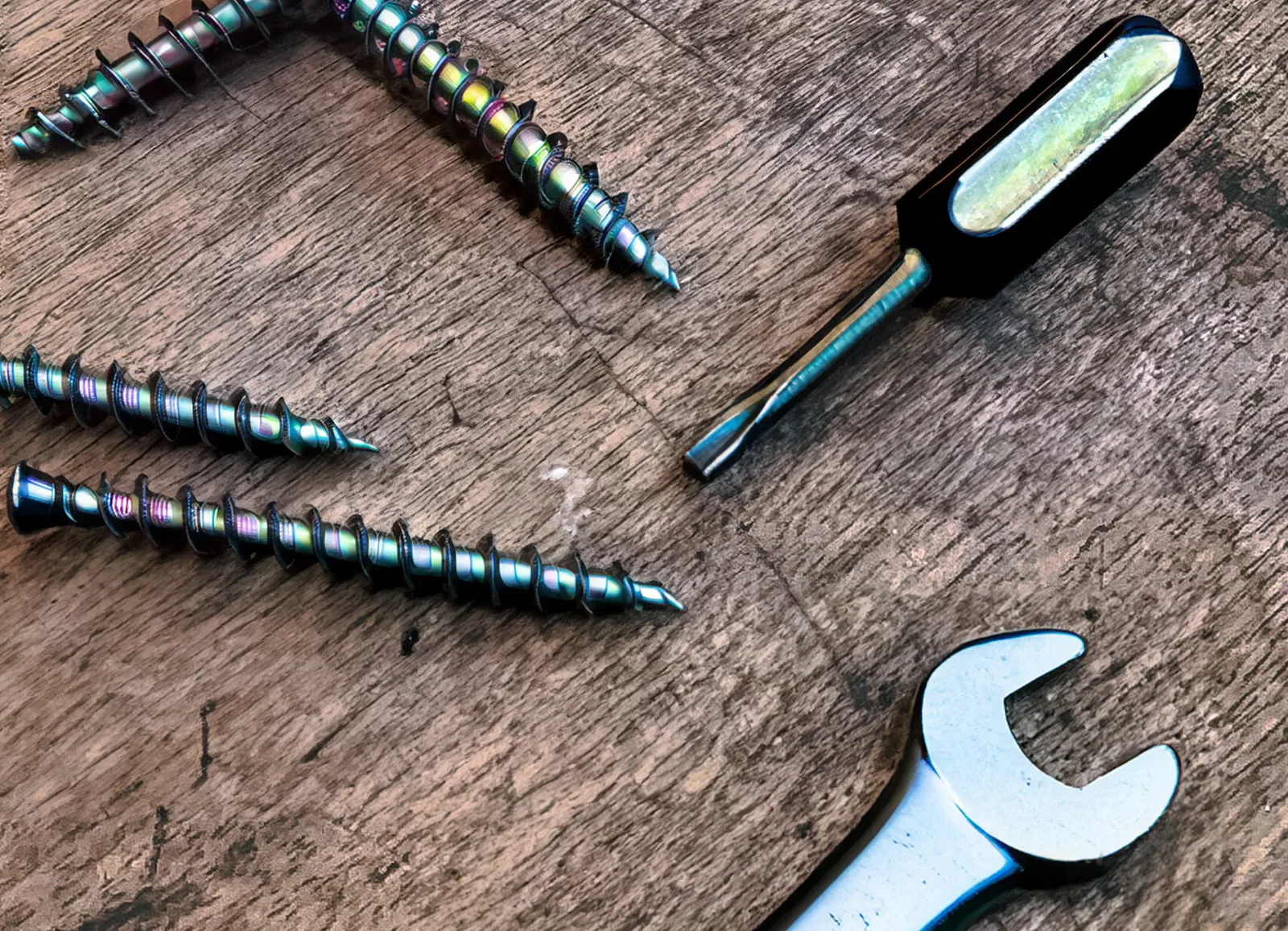 Werkzeug auf Tisch bestehend aus Schrauben, Schraubenzieher und Maulschlüssel. Werkzeug auf Tisch bestehend aus Schrauben, Schraubenzieher und Maulschlüssel.